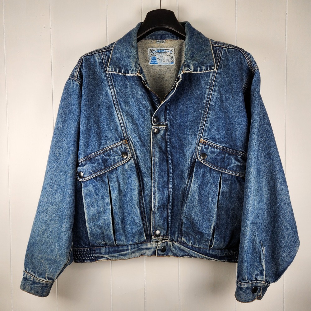 Belma Denim Bomber Jacket 80s Vintage Acid Wash Blue Cotton XL